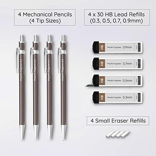 MozArt Mechanical Pencil Set 4 Sizes 0.3 0.5 0.7 0.9mm HB Lead Nickel