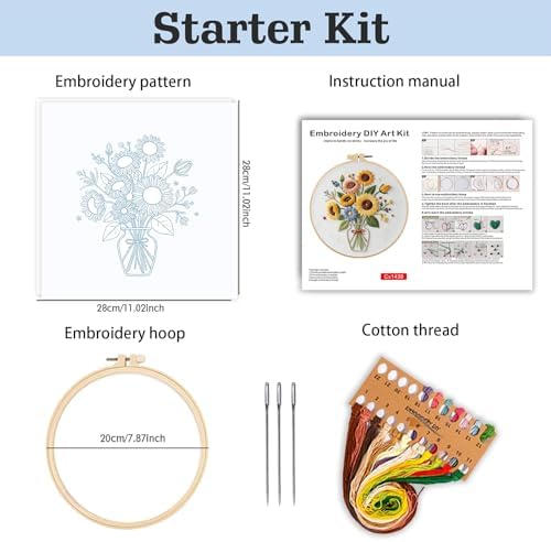 spicssa Embroidery Kit for Beginners, Hand Needlepoint Kits for Adults with Pre-Stamped Patterns, 7.8-Inch Hoop, Threads & Needles, Step by Step Instructions