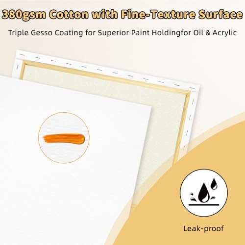 4-Pack 24x24 Square Stretched Canvas Cotton for Oil & Acrylic (60 x 60 cm) | 380gsm 100% cotton, triple acid-free gesso, no bleed warp resistant, for mixed media