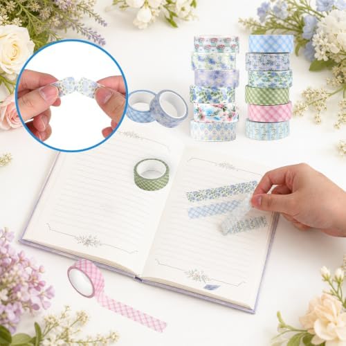 12 Rolls Floral Washi Tape Set, Pink Blue Watercolor Flowers Design for for Journaling, Scrapbooking, DIY Craft, Planners, Gift Wrapping, Back to School Art Supplies