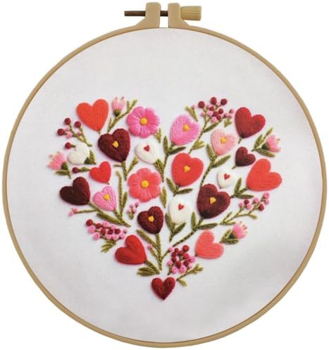 Esffaci Embroidery Starter Kit for Adult Beginner with Love Heart Flowers Pattern Hand Embroidery Set with Cloth Hoop Needle Threader Floss and Instruction