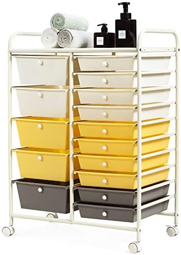 GOFLAME 15-Drawer Rolling Storage Cart, Craft Storage Cart with Removable Drawers & Lockable Wheels, Art Cart Supply Storage Organizer for Home Office Classroom, Yellow