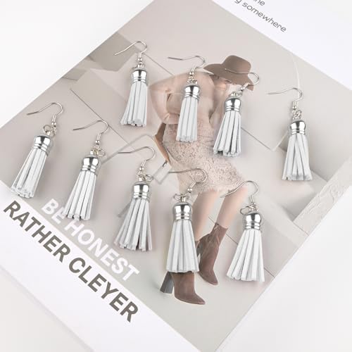 Tassels for Jewelry Making 150 Pieces White Leather Tassels Bulk 38mm Silver Cap Keychain Charms with 50pcs Jump Rings for DIY Jewelry Keychain Blanks Bracelet Crafting Supplies