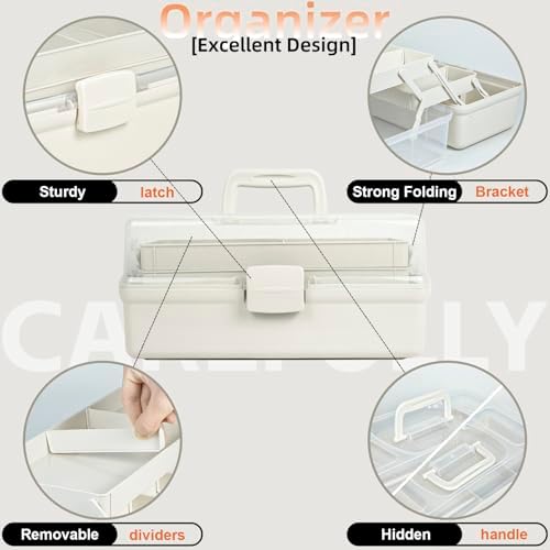 TERGOO 14in 3-Layer Multipurpose Craft Organizers and Storage with Adjustable Dividers, Portable Tackle Box, Folding Art & Craft Case for Medicine, Tool, Sewing Organizer (White, X-Large)