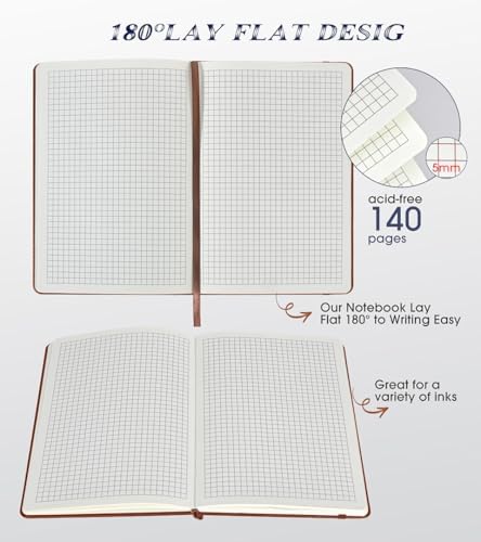 Biuwory A5 Hardcover Graph Paper Notebook, Grid Leather Journal for Writing | 140 Quad Ruled Grid Pages Vintage Diary, 5.7"×8.3" Travel Notebook for Work, School, Women & Men