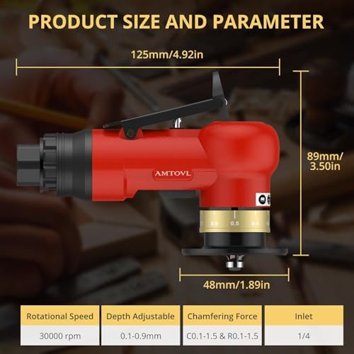 AMTOVL Pneumatic Chamfering Tool, Mini Air Chamfer Tool W/ 10C & 10R Blades | Chamfer Tool with 10 C-Angle & 10 R-Angle Blades, 45° 30000 RPM Chamfering Tool for Metal and Wood with 1/4" Air Inlet