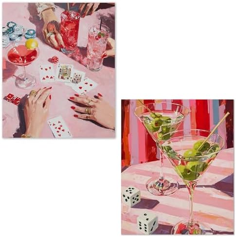 XUNLURY Retro Pink Cocktail Diamond Art Kits 2 Pcs, Preppy Girls Night Casino Poker Diamond Painting Kits for Adults Beginners, Full Drill Diamonds Dots for Home Decor, 9.8x11.8 Inch