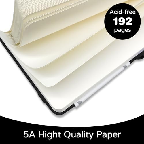 Blank Journal Notebook, A5, 192 Pages 100 GSM Thick Sketch Book for Women Men, Hardcover Leather Unlined Journaling for Work, Notebooks for Writing, 5.8 inches x 8.5 inches (Black)