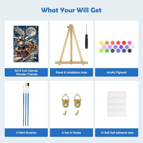 MOGTAA Christmas Paint by Numbers Kit for Adults Beginners with Frame, Christmas Train Adult Paint by Number Kits on Canvas with Easel, Easy DIY Winter Oil Painting Kits for Home Decor, 8x12in