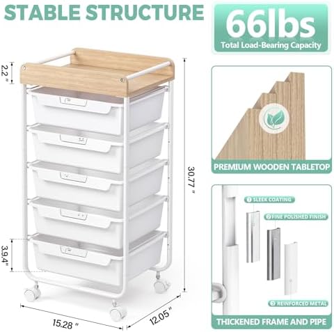 SYKIARIOL Rolling Cart with 5 Drawers,Art Craft Cart,White