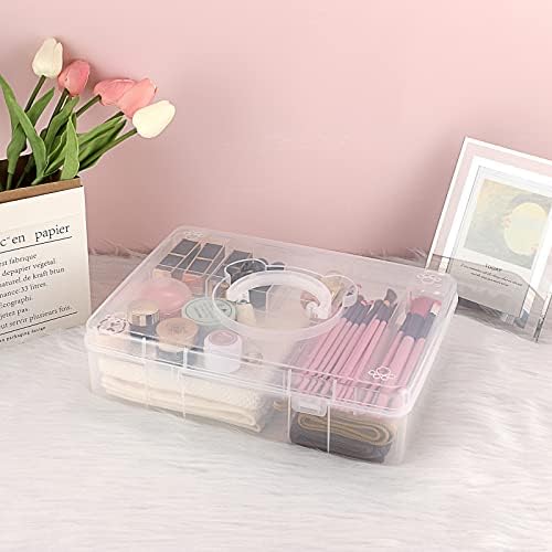 BTSKY 2-Tier Cute Bear Storage Box with Removable Divided Tray Portable Clear Plastic Art Craft Supply Organizer Stackable Home Office Supplies Storage Container for Pens Notes A4 papers etc (Clear)