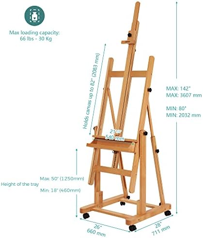 VISWIN Heavy-Duty H Frame Easel, Hold Canvas to 82", Tilts Flat, Adjustable Beech Wood Large Easel for Painting with Storage & 4 Wheels, Professional Floor Art Easel Stand for Adults, Artists