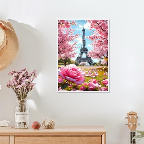MVVMTOP Diamond Painting Kit for Adults 5D DIY Eiffel Tower and the Flower Trees Full Drill Round Diamond Art Kits for Beginners Crystal Rhinestone Embroidery Painting Home Wall Decor Gift