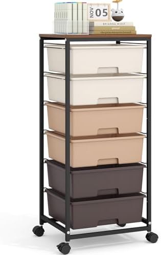 6 Drawer Rolling Storage Cart with Wooden Top and Wheels for Crafts,Brown