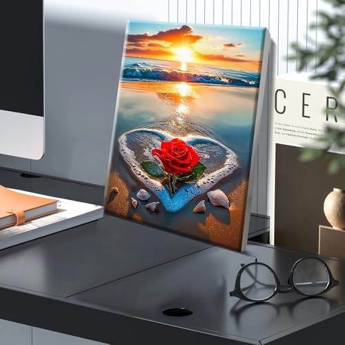 JOOZ Paint by Numbers Kit for Adults with Frame, Beach Sunset Paint by Number with Easel, DIY Beach Rose Oil Painting by Number, Easy Adult Paint by Number Kits on Canvas for Wall Decor 8 x 12 Inch