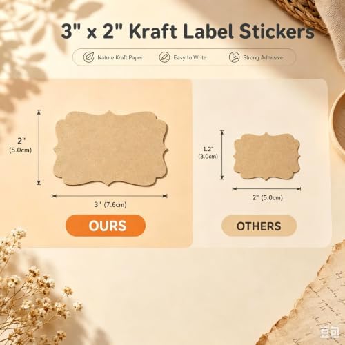 200 Pcs Kraft Labels Stickers, 2x3 Inch, 3 Decorative Designs, Writable for Gift Wrapping, Pantry Storage, Jars & Wedding Decor