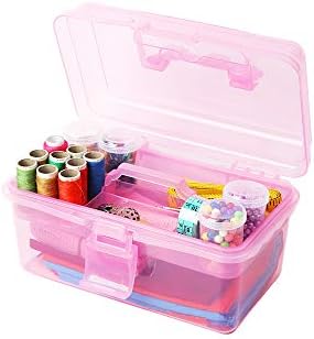 Multipurpose Plastic Storage Container Organizer Box Case with Removable Tray and Handle for Art, Craft, Sewing Supplies, Clear&Pink