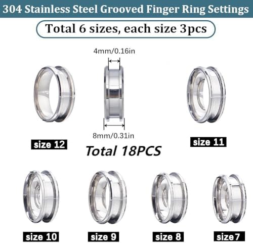 SUNNYCLUE 1 Box 18Pcs Stainless Steel Grooved Finger Ring US Size 7/8/9/10/11/12 Core Blanks 8mm Wide Empty Round Grooved Inlay Ring Blanks for Jewelry Making Kits Men Women DIY Craft Supplies