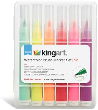 KINGART Brush Tip Watercolor Illustration Markers With Case, 12 Colors, Wide Barrel for Easy Hold, Water-based Non-Toxic Ink, Soft Flexible Tip for Graphic, Sketch, Comic Art, Manga & Lettering