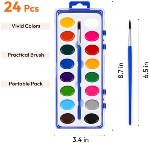JEAWIWI 24 Pack Watercolor Paint Sets, 16 Washable Colors, with Brushes