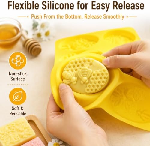 2 Pack 6 Cavity Bee Honeycomb Design, Rectangle & Oval Non-Stick Flexible Silicone Soap Molds for Soap, Wax Melts, Beeswax, Chocolate, Candle & Craft Making