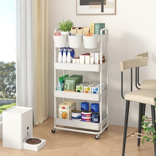 JIUYOTREE 4-Tier Plastic Rolling Storage Cart Utility Cart White