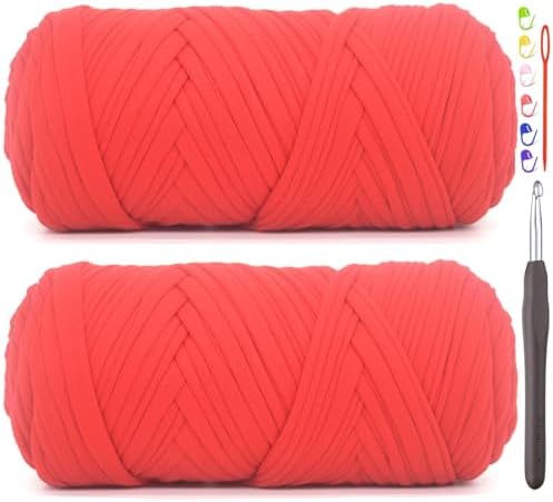 2 Pack Tshirt Yarn for Crocheting,Red T Shirt Chunky Elastic Fabric Thick T-Shirt Crochet Yarn for Beginners Crocheting Hand Knitting Bag/Basket/Coasters/DIY Crafts/Home Decor 2 * 200G(Red