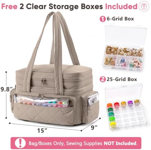 AMOIGEE Puffy Double-Layer Sewing Storage Bag with 2 Clear Organizer Boxes