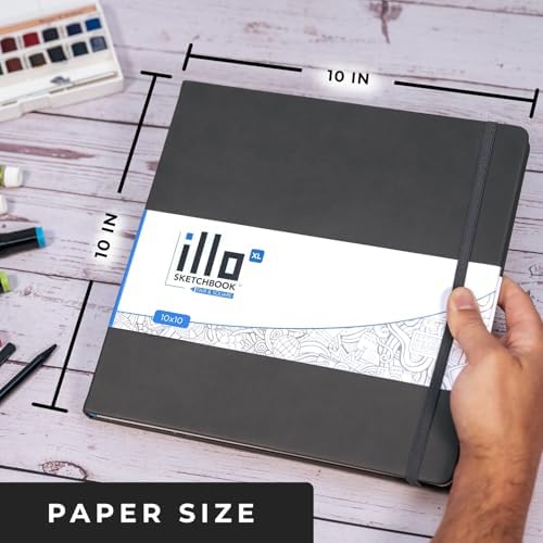 Illo Sketchbook XL 10" x 10" Square Hardcover Sketch Book, 112 Sheets, 112lb/180gsm Heavyweight Paper, Ribbon Marker, Back Pocket, Lays Flat, Minimal Bleed, Vegan, For Artists & Beginners