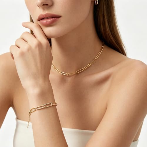 Exway 10 Pcs Paperclip Charm Bracelets Chain 8.0 Inch Stainless Steel Gold Chain Bracelets Kit with Lobster Clasps for Crafts DIY Women Jewelry Making