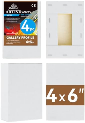 PHOENIX 4x6 Inch 4 Pack Gallery Canvas - Small 1.5 in Thick Canvases for Painting - Deep Edge 100% Cotton 11 Oz. Gesso Primed White Blank Professional Canvas Oil & Acrylic Paints