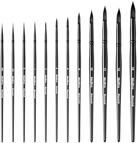 Nicpro 12pcs Watercolor Paint Brushes, Round Pointed Tip Paint Brush Set