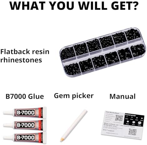 6500Pcs Black Rhinestones for Bedazzling, Bedazzler Kit with Flatback Craft Rhinestones Black Bulk and B7000 Glue, 2,3,4,5,6mm Resin Flat Back Crystals for Craftings, Crafts, Clothes, Shoes, Nails