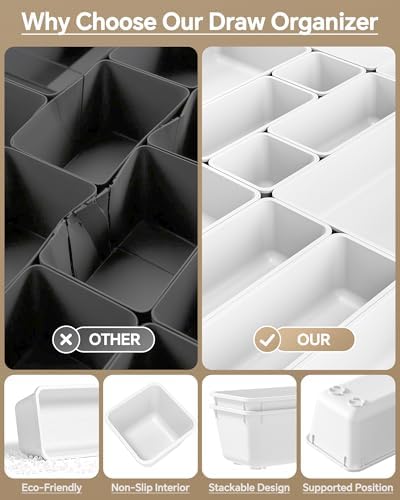 KEMETHY 25 PCS Plastic Drawer Organizers Set, 4 Sizes Vanity Organizer, Makeup and Desk Drawer Organizer Trays, Organization and Storage for Makeup, Bathroom, Kitchen Utensils and Office (White)