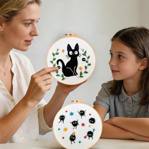 Cat Embroidery Starter Kit for Beginners Adults, Animal Stamped Cross Stitch Kit for Adult Beginner, Hand Embroidery Needlepoint Kits, 2 Set Embroidery Supply, 2 Hoops (Attached Video Tutorial)