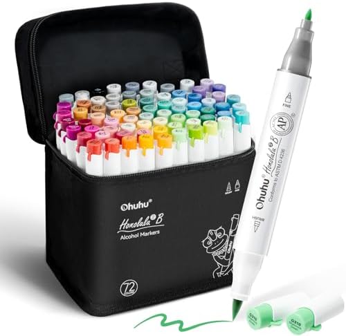 Ohuhu Alcohol Markers Brush& Fine 72 Colors for Adults Coloring Refillable | AP Certified Art Marker Set, Dual Tips Alcohol-based for Artists Beginners Drawing Illustration Sketching, Honolulu 2B