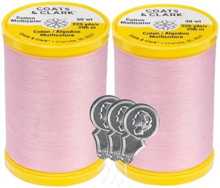Coats & Clark Cotton All Purpose Sewing Thread 100% Mercerized Cotton 225 Yards Each Spool S970 2 Pack Bundle with 3 Bella's Crafts Needle Threaders (Light Pink)