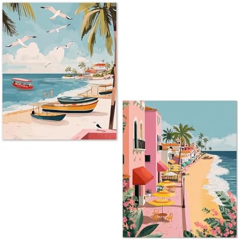 XUNLURY Retro Coastal Beach Diamond Art Kits 2 Pcs, Tropical Palm Tree Seaside Town Diamond Painting Kits for Adults Beginners, Full Drill Diamonds Dots for Home Decor, 9.8x11.8 Inch