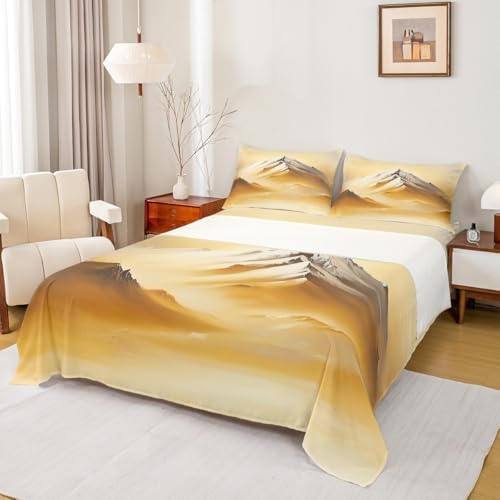 Landscape Themed Sheet Set Golden Mountain Scenery Bedding Set Natural Landscape Bed Sheets Teens Room Decor Golden White (King Flat & Fitted Sheet with 2 Pillow Case)