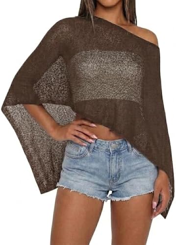 Women Sheer Knit Poncho Top Beach Cover Up Lightweight Crochet Shrug Y2k Summer See Through Shawl