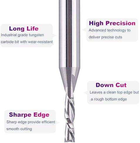 SpeTool Spiral Router Bits with DownCut 1/8 inch Cutting Diameter, 1/4 inch Shank CNC Bits Solid Carbide End Mill for Wood Cut, Carving