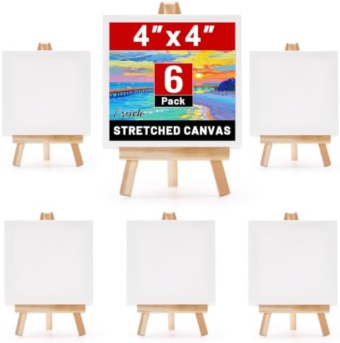 ESRICH 6 Pack Mini Canvas with Easel Set, 4x4” Small Canvases for Painting