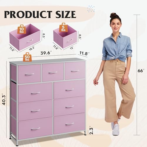 WLIVE 9 Drawer Dresser for Bedroom, Tall Chest of Drawers, A-Pink | 9 roomy fabric drawers, Tall storage design, Bedroom or closet use, Sturdy steel frame, Smooth wood tabletop