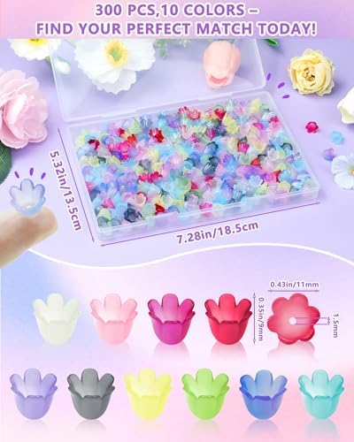 FIVEIZERO Flower Charms, 300PCS Acrylic Lily Flower Bead Caps, 10 Colors
