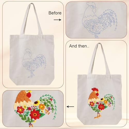 Louise Maelys Embroidery Kit Canvas Tote Bag for Beginners, Floral Rooster
