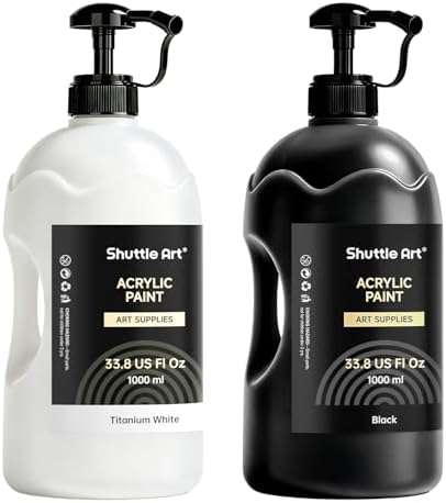 Shuttle Art Titanium White & Black Acrylic Paint Set, 2×33.8oz/1000ml Large Capacity Pump Bottles with Covers, High Coverage, Fast Drying Non-Toxic Art Paint for Artists, Students, Kids & DIY Crafts