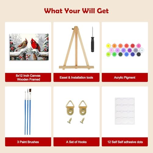 MOGTAA Christmas Paint by Numbers Kit for Adults Beginners with Frame, Winter Cardinal Adult Paint by Number Kits on Canvas with Easel, Easy DIY Oil Painting Kits for Home Decor, 8x12in