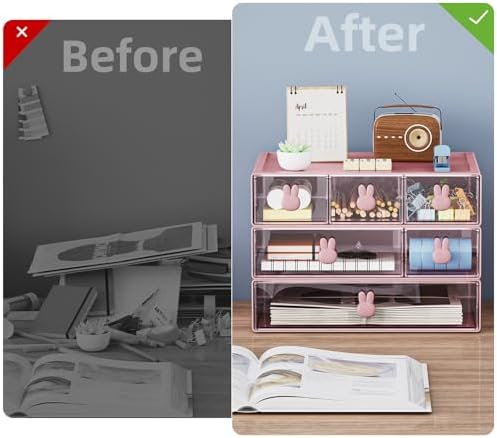 Marbrasse Desk Organizer with 6 Drawers, 3 Tier Stackable Storage Drawers Plastic Makeup Storage, Office Organizers and Storage, Desk Storage Box for Office, School, Home Pink