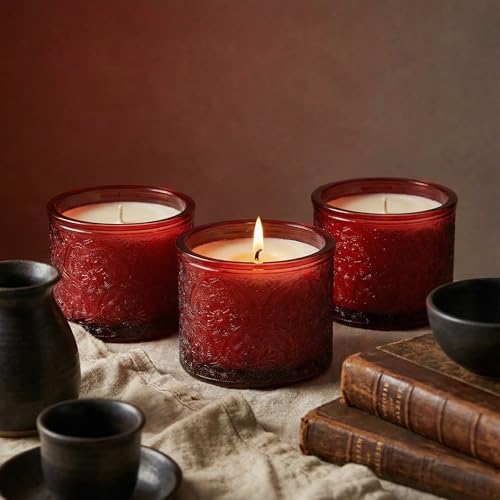 10 oz Red Mandala Glass Candle Jars with Bamboo Lids, 9 Pack