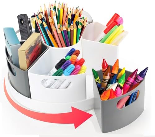 Rotating Art Supply Organizer Storage Caddy for Kids, 7 Bins Craft Crayon Marker Organizers for School Desk, Lazy Susan Pencil Holder for Classroom Organizations (gray and white)